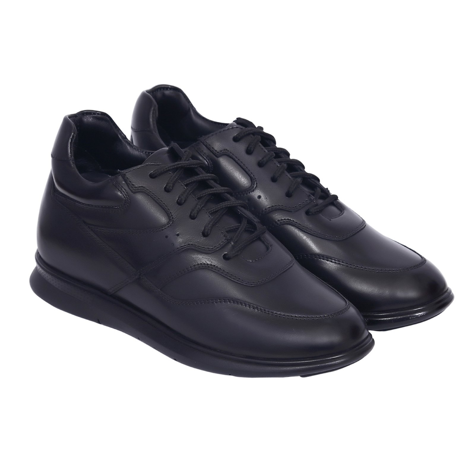 Black premium leather low top sneakers with a hidden heel - Image 2