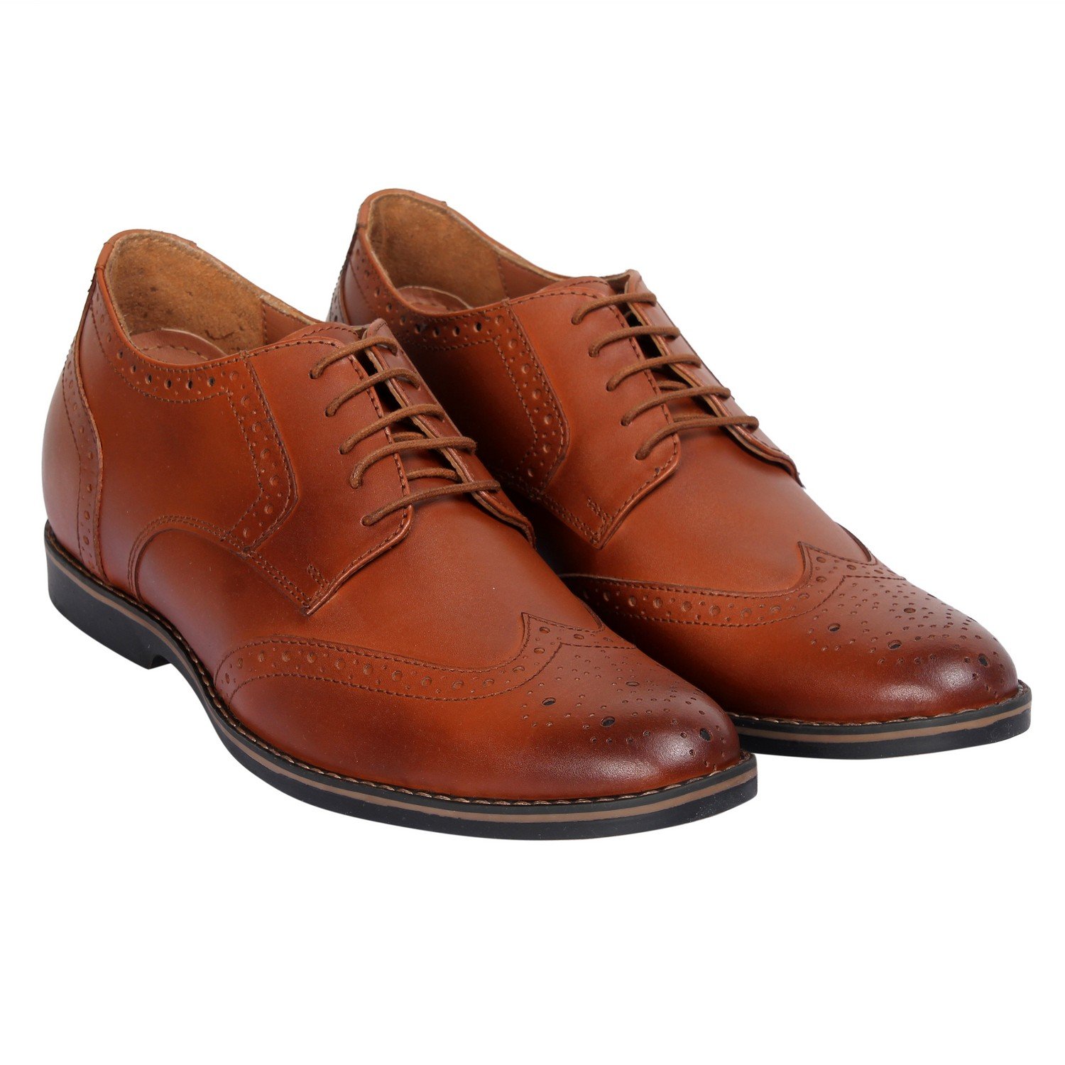 Tan lace-up genuine leather formal brogues with a hidden heel - Image 6