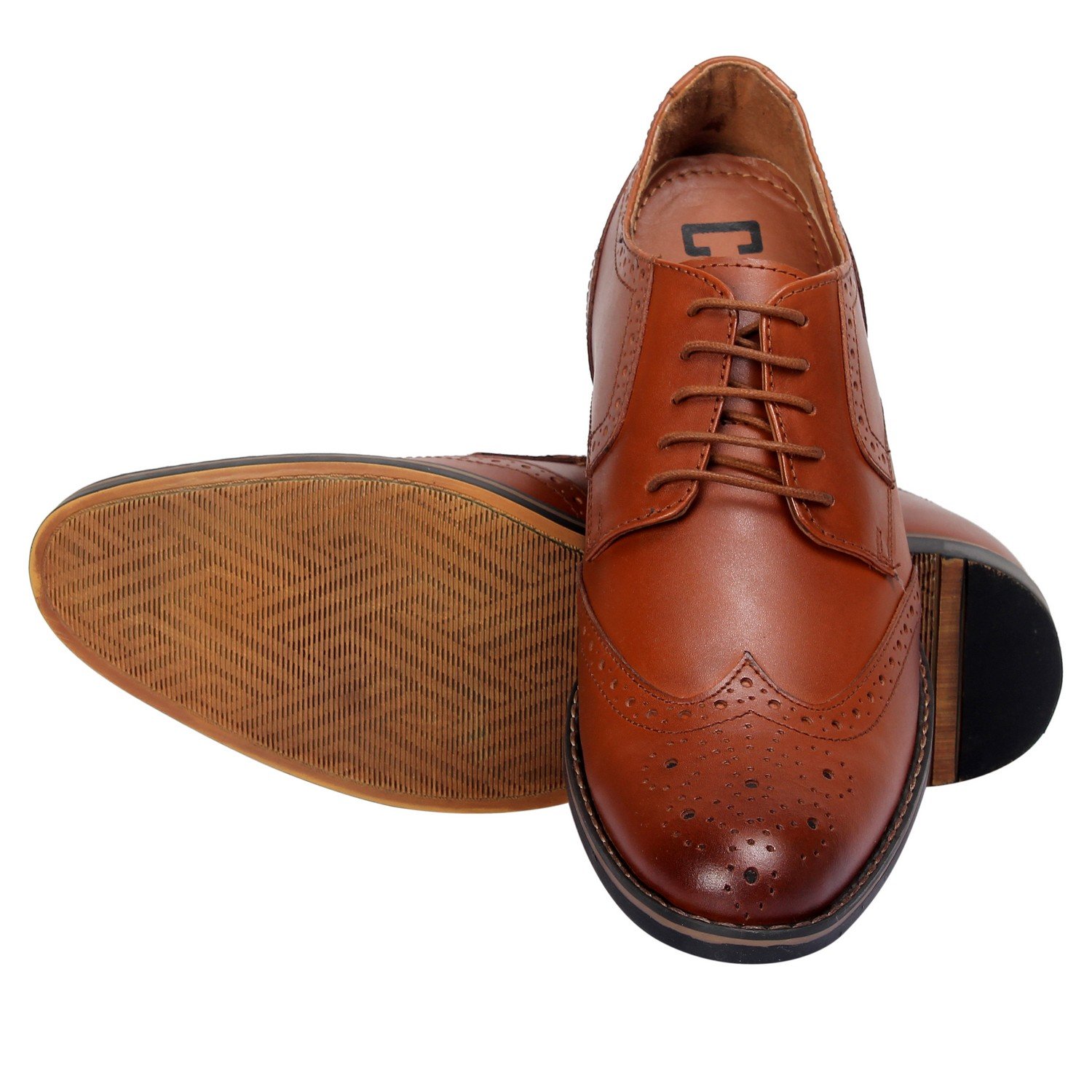 Tan lace-up genuine leather formal brogues with a hidden heel - Image 3
