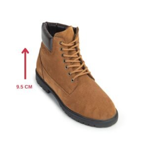 Tan suede leather ankle high boots with lace-up closure for men with a hidden heel