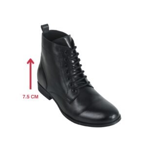 Black leather ankle high boots with lace-up closure for men with a hidden heel