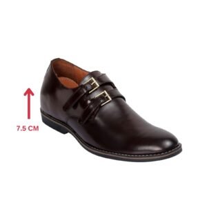 Brown formal leather buckled monk loafers for men with a hidden heel