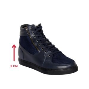 Navy blue ankle high sneakers with a hidden heel