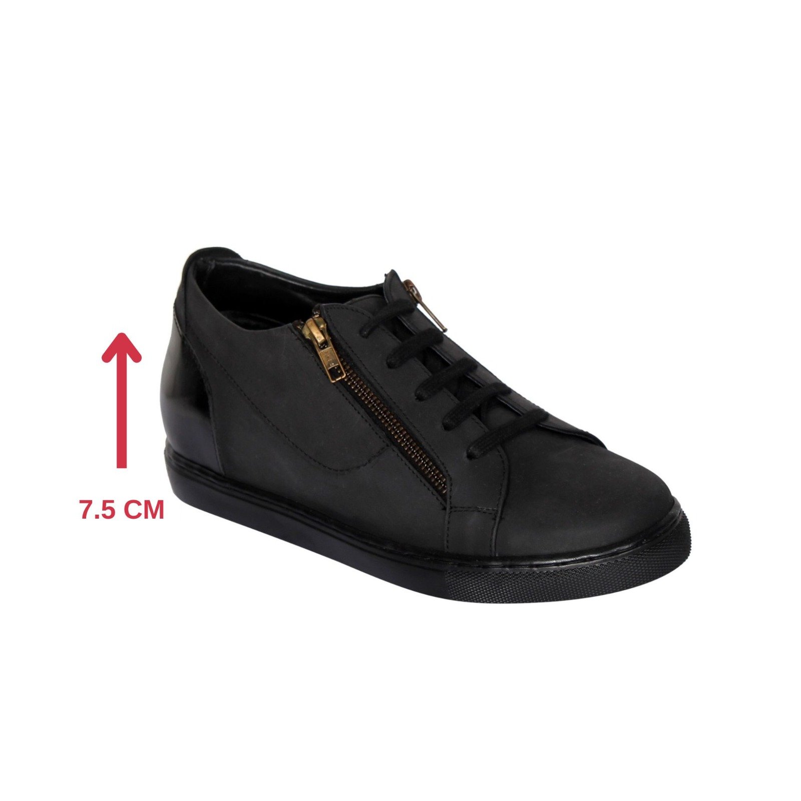 Black leather low top sneakers for men with a hidden heel