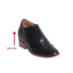 Black wingtip derby shoes for men with a hidden heel